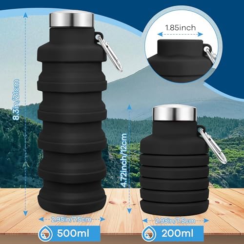 Collapsible Water Bottles 17oz, Portable Leak-Proof Travel Water Bottle, Reuseable BPA Free Silicone Foldable Water Bottle with Carabiner for Gym, Traveling, Camping, Hiking, Sports-Black - Image 3