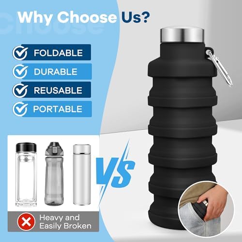 Collapsible Water Bottles 17oz, Portable Leak-Proof Travel Water Bottle, Reuseable BPA Free Silicone Foldable Water Bottle with Carabiner for Gym, Traveling, Camping, Hiking, Sports-Black - Image 4