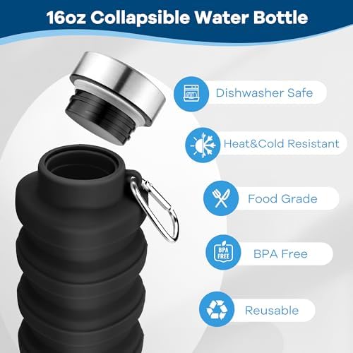 Collapsible Water Bottles 17oz, Portable Leak-Proof Travel Water Bottle, Reuseable BPA Free Silicone Foldable Water Bottle with Carabiner for Gym, Traveling, Camping, Hiking, Sports-Black - Image 5