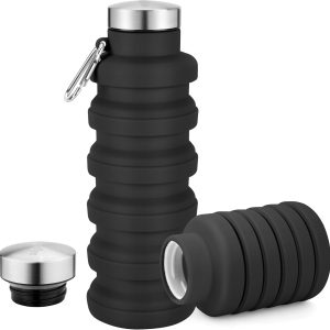 Collapsible Water Bottles 17oz, Portable Leak-Proof Travel Water Bottle, Reuseable BPA Free Silicone Foldable Water Bottle with Carabiner for Gym, Traveling, Camping, Hiking, Sports-Black